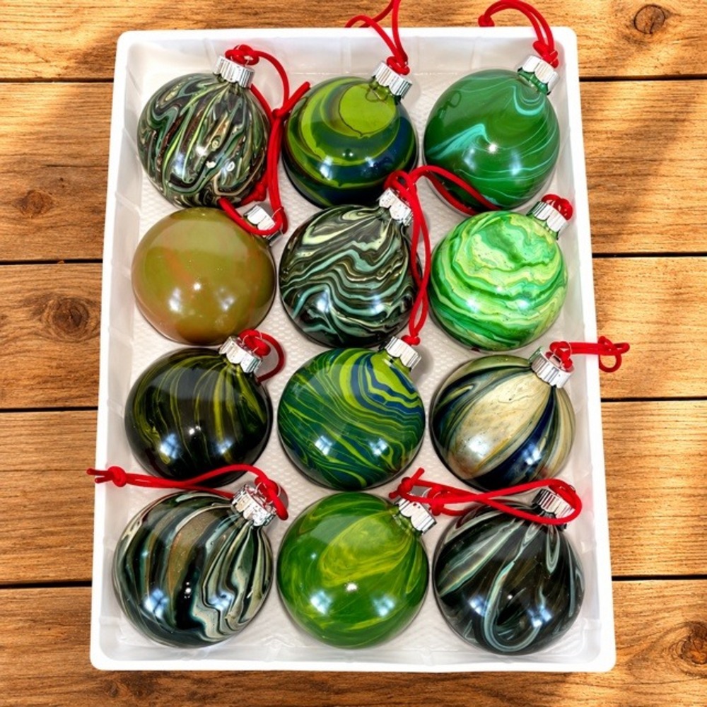 Handcrafted Glass Christmas Ornaments Set of 12 Green Marbled Paint Pour